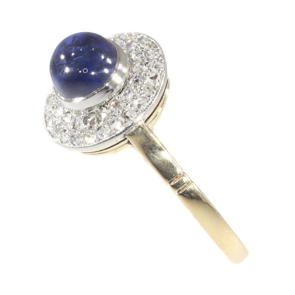Antique Art Deco Diamond and High Domed Cabochon Sapphire Ring