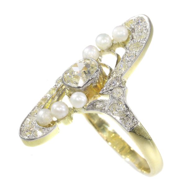 Antique Art Nouveau Diamond and Pearl Navette Cluster Ring