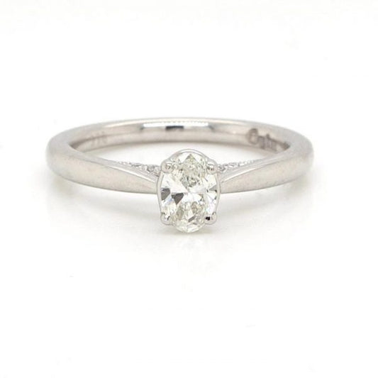 Oval Diamond Solitaire Engagement Ring in Platinum, 0.34 carat faceted oval diamonds in classic four claw platinum setting. Certified H colour VVS2 clarity