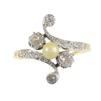 antique Belle Epoque diamond and pearl crossover ring