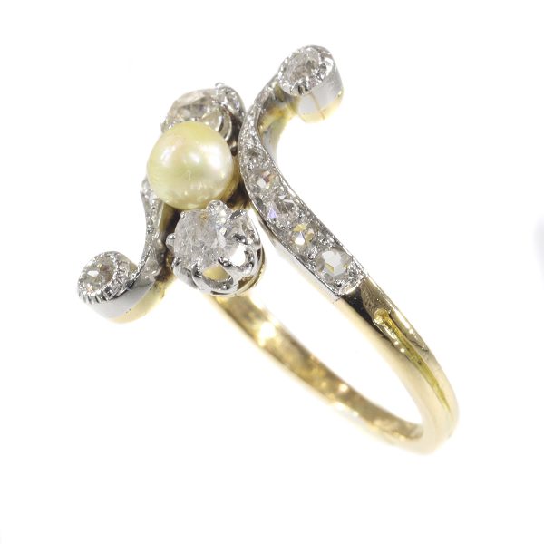 antique Belle Epoque diamond and pearl crossover ring