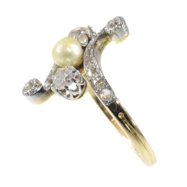 antique Belle Epoque diamond and pearl crossover ring