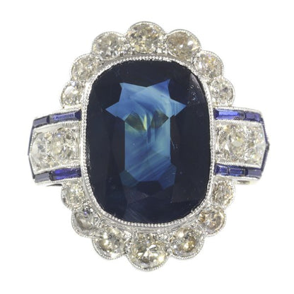 Art Deco 8.59ct Natural Sapphire and Diamond Cluster Dress Ring in Platinum