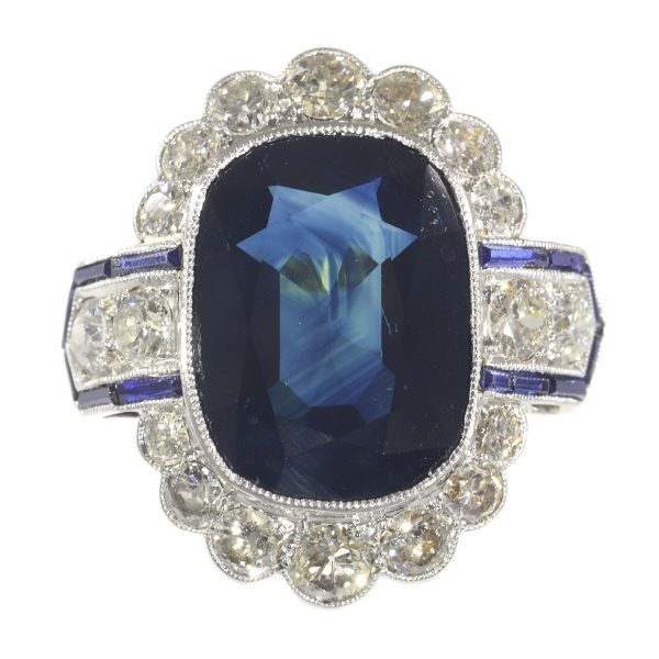 Art Deco 8.59ct Natural Sapphire and Diamond Cluster Dress Ring in Platinum