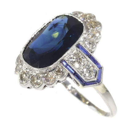 Art Deco 8.59ct Natural Sapphire and Diamond Cluster Dress Ring in Platinum