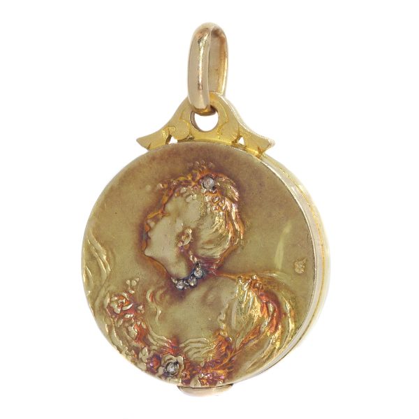 Antique French Art Nouveau Gold Locket with Hidden Mirror