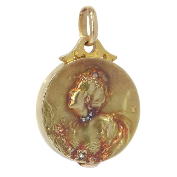 Antique French Art Nouveau Gold Locket with Hidden Mirror