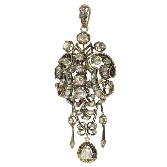 Antique Georgian Rose Cut Diamond Pendant Brooch with Black Enamel; 61 foil-backed rose-cut diamonds with black enamel accents, in 18ct yellow gold, 19th century Circa 1830