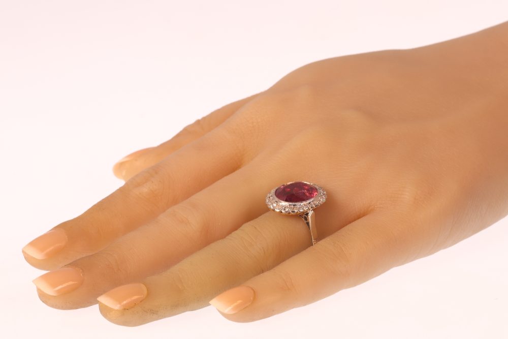 Vintage Rubelite And Old Cut Diamond Engagement Ring In 18 Carat Rose And White Gold