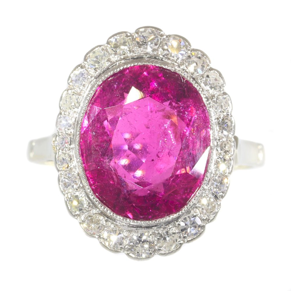 Vintage Rubelite And Old Cut Diamond Engagement Ring In 18 Carat Rose And White Gold