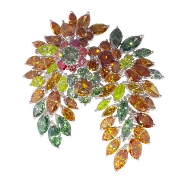 Rare Vintage 1970s Fancy Colour Diamond Spray Brooch, spectacular avant-garde brooch set entirely with 19.27 carats of fancy coloured diamonds, in 18ct white gold. Comes with nine certificates
