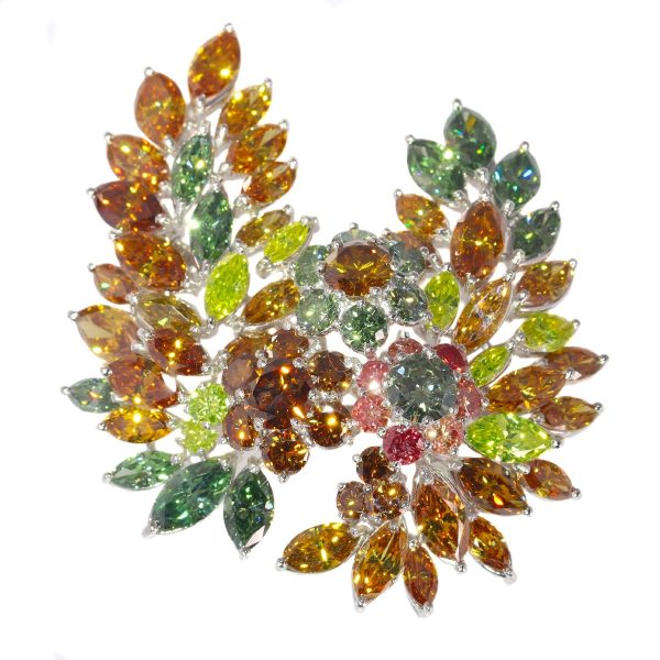 Rare Vintage 1970s Fancy Colour Diamond Spray Brooch, 19 carats with nine certificates