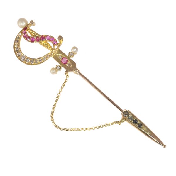 Antique Victorian Bejewelled Gold Sword Pin Brooch