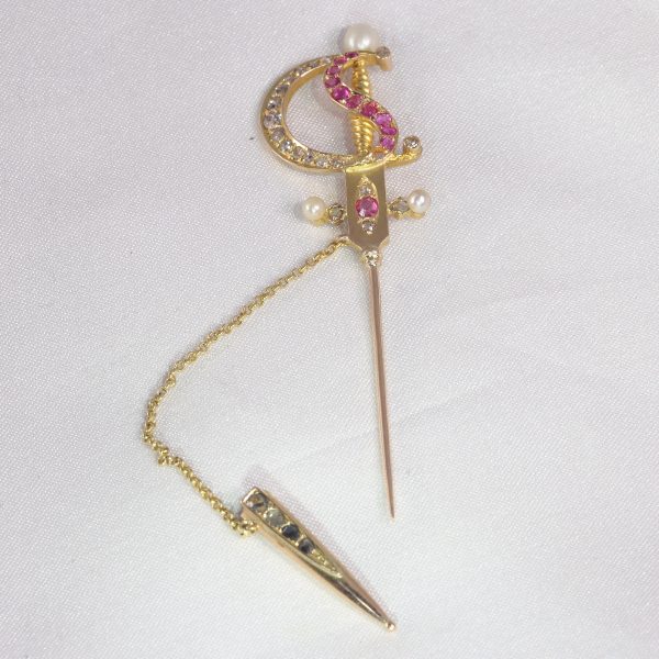 Antique Victorian Bejewelled Gold Sword Pin Brooch