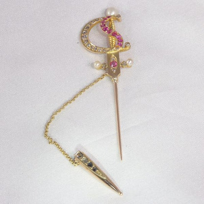 Antique Victorian Bejewelled Gold Sword Pin Brooch
