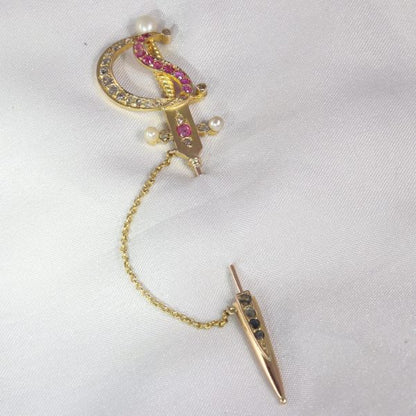 Antique Victorian Bejewelled Gold Sword Pin Brooch
