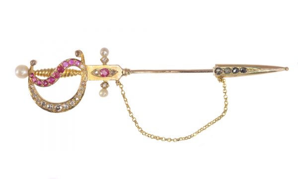 Antique Victorian Bejewelled Gold Sword Pin Brooch