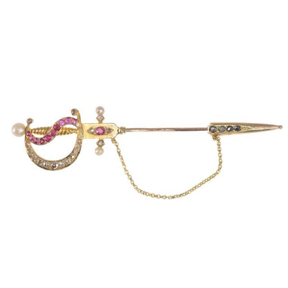 Antique Victorian Bejewelled Gold Sword Pin Brooch