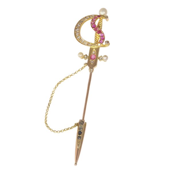 Antique Victorian Bejewelled Gold Sword Pin Brooch