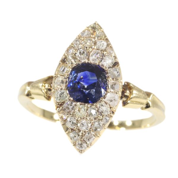 Antique Early Victorian Diamond and Natural Vivid Blue Sapphire Engagement Ring