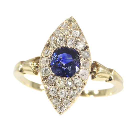 Antique Early Victorian Diamond and Natural Vivid Blue Sapphire Engagement Ring