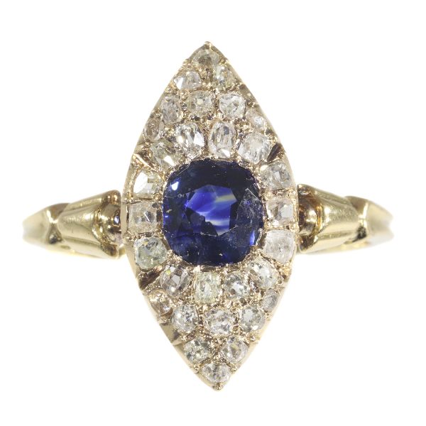 Antique Early Victorian Diamond and Natural Vivid Blue Sapphire Engagement Ring
