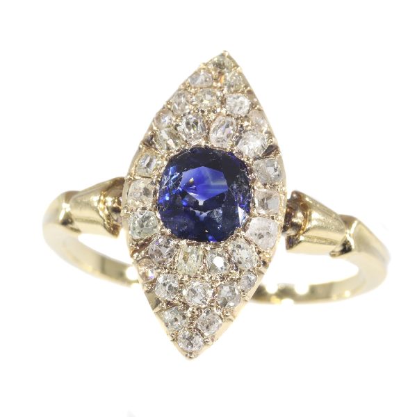 Antique Early Victorian Diamond and Natural Vivid Blue Sapphire Engagement Ring