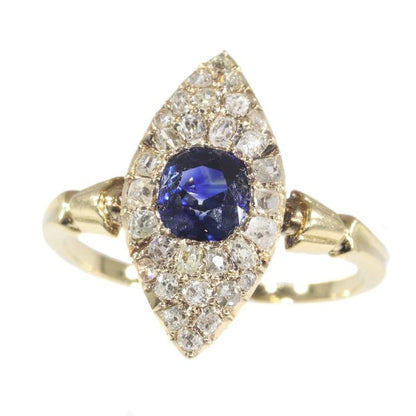 Antique Early Victorian Diamond and Natural Vivid Blue Sapphire Engagement Ring