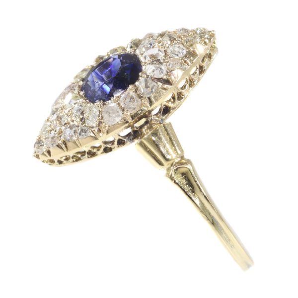 Antique Early Victorian Diamond and Natural Vivid Blue Sapphire Engagement Ring