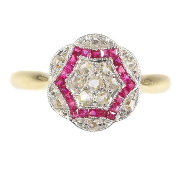 Vintage Art Deco Ruby and Diamond Cluster Dress Ring, Circa 1920