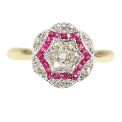 Vintage Art Deco Ruby and Diamond Cluster Dress Ring, Circa 1920