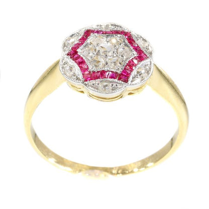 Vintage Art Deco Ruby and Diamond Cluster Dress Ring, Circa 1920