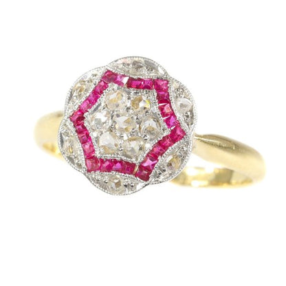 Vintage Art Deco Ruby and Diamond Cluster Dress Ring, Circa 1920