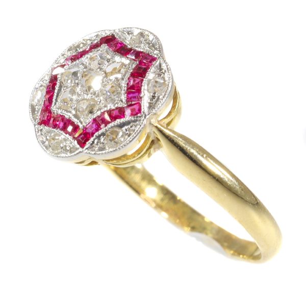 Vintage Art Deco Ruby and Diamond Cluster Dress Ring, Circa 1920