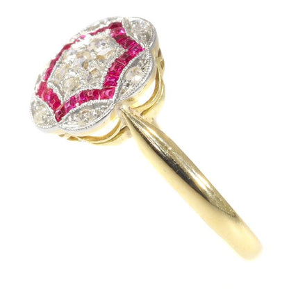 Vintage Art Deco Ruby and Diamond Cluster Dress Ring, Circa 1920