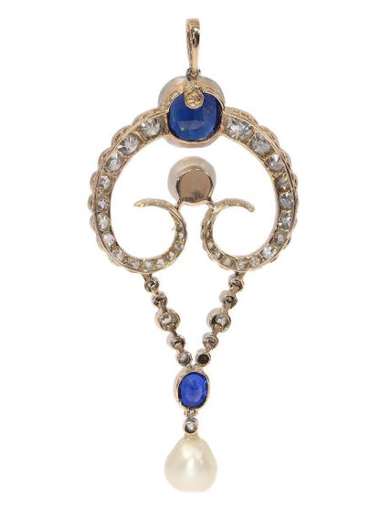 Belle Epoque Diamond Pendant with Natural Pearls and Sapphires, with certificate