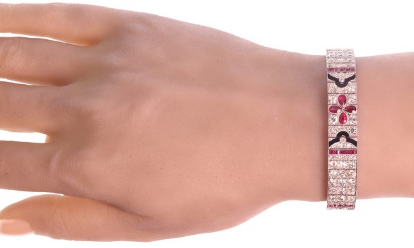 Art Deco diamond ruby onyx bracelet, Lacloche attributed