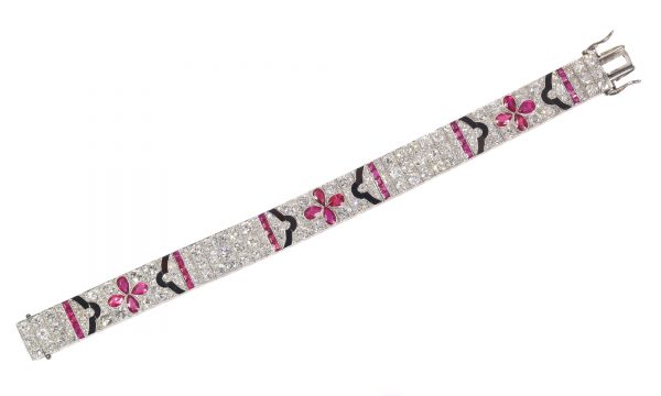 Art Deco diamond ruby onyx bracelet, Lacloche attributed