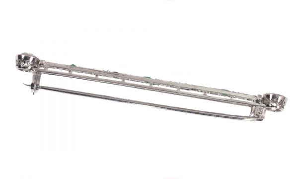 Art Deco Platinum Diamond Bar Brooch with Onyx and Emeralds