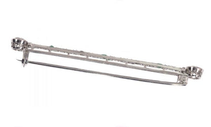 Art Deco Platinum Diamond Bar Brooch with Onyx and Emeralds