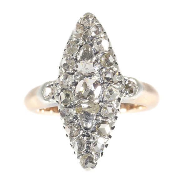 Antique Rose Cut Diamond Cluster Navette Ring