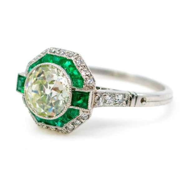 Vintage Emerald and Diamond Target Ring, Platinum