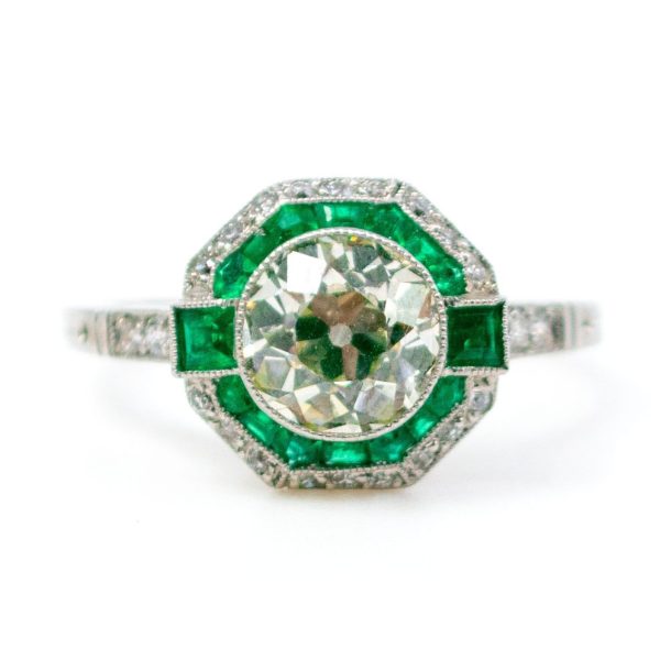 Vintage Emerald and Diamond Target Ring, Platinum