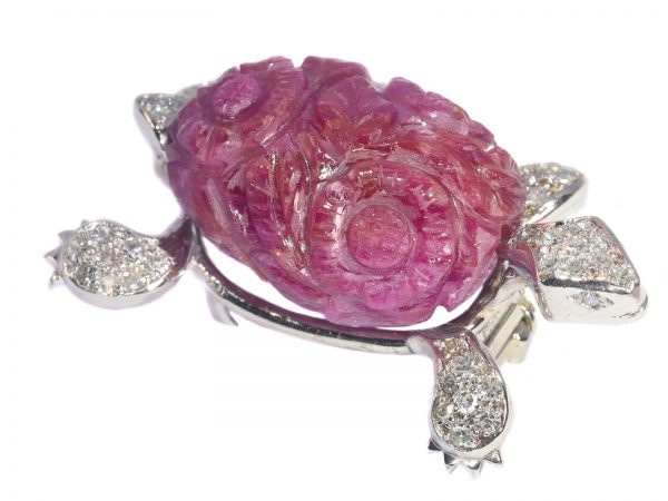 Vintage French 35ct Carved Ruby and Diamond Turtle Brooch, Circa 1950