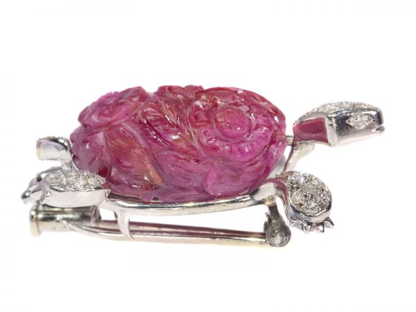 Vintage French 35ct Carved Ruby and Diamond Turtle Brooch, Circa 1950