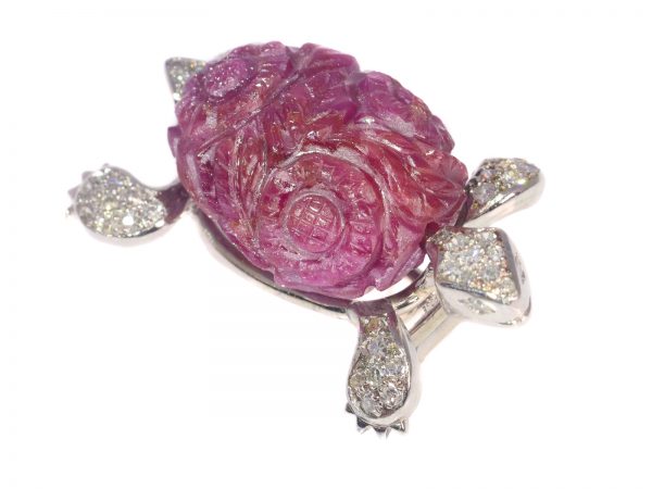Vintage French 35ct Carved Ruby and Diamond Turtle Brooch, Circa 1950