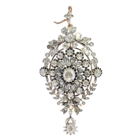 Antique Victorian Rose Cut Diamond Cluster Pendant Brooch Ring; set with 106 foil-backed rose-cut diamonds in silver-upon-gold, Circa 1860