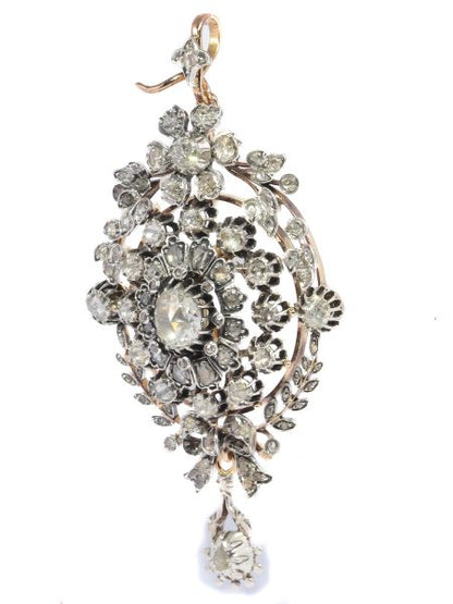 Antique Victorian Rose Cut Diamond Cluster Pendant Brooch Ring; set with 106 foil-backed rose-cut diamonds in silver-upon-gold, Circa 1860