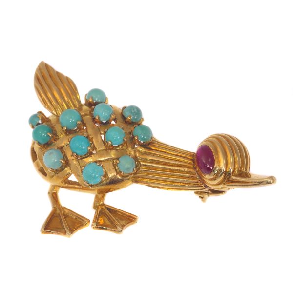 Vintage 1950s Gold Duck Brooch with Turquoise and Ruby; 18ct yellow gold brooch in the form of a duck with a cabochon ruby eye and 12 cabochon turquoises to the body