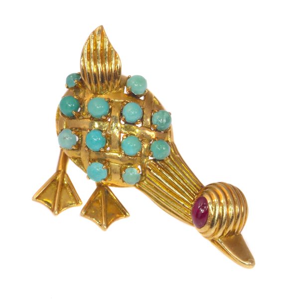 Vintage 1950s Gold Duck Brooch with Turquoise and Ruby
